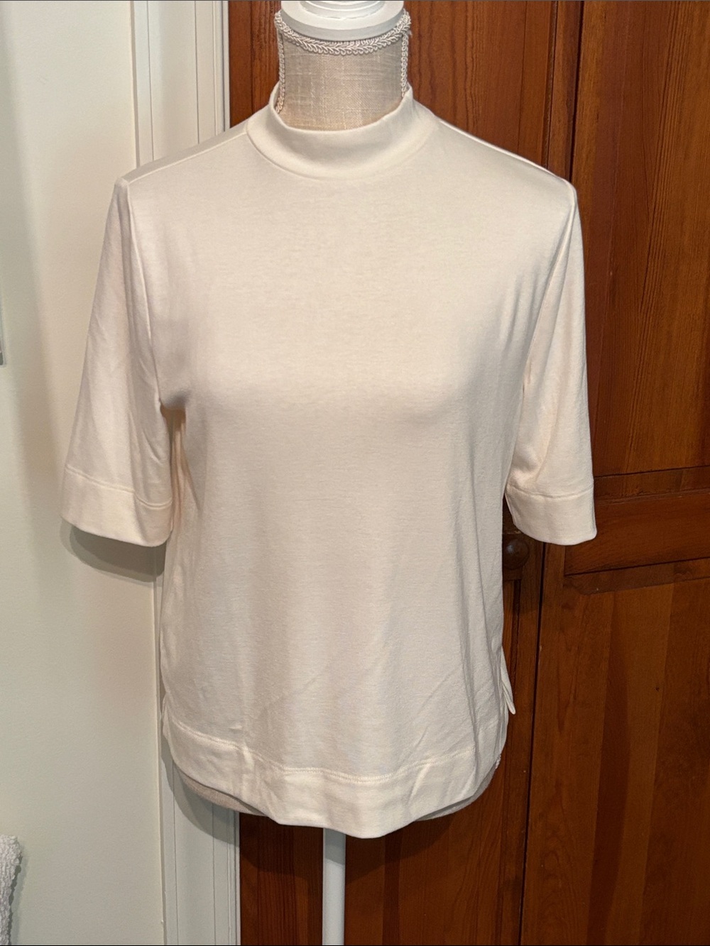 LOFT Cream Short-Sleeve Mock Neck Tee